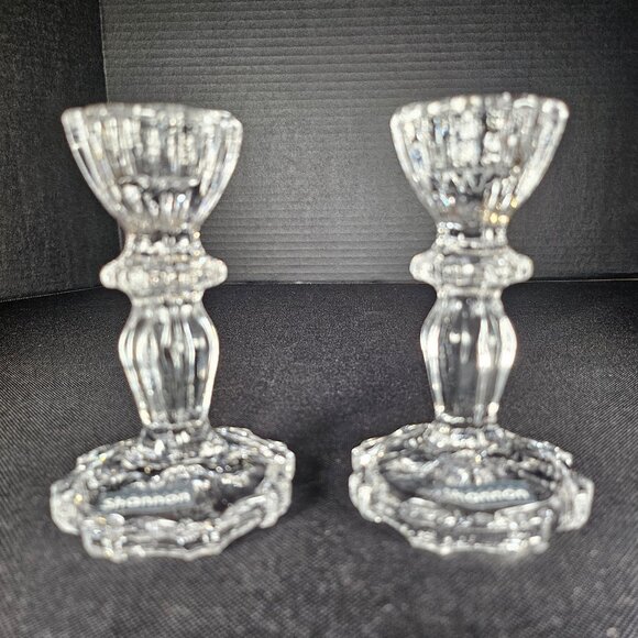 Boxed Pair Of Shannon by Godinger Atlantic 4" Tall Clear Candlesticks Tableware - Picture 1 of 11